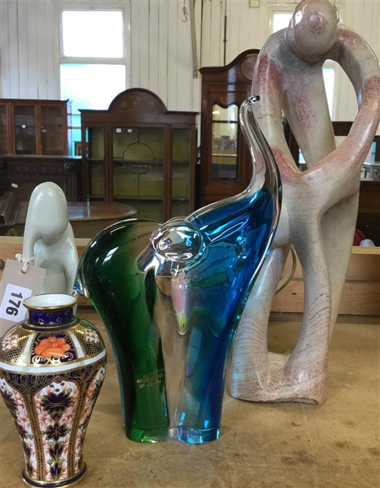 Murano glass elephant, 2 sculptures etc.